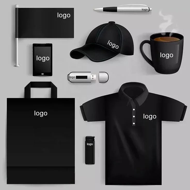Customized black merchandise set with logo: cap, polo shirt, mug, bag, pen, USB, phone, flag