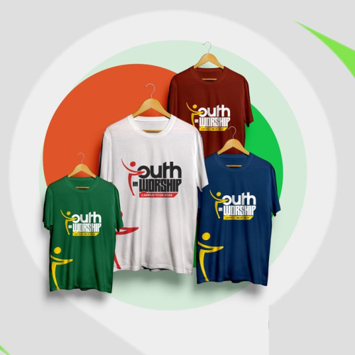Custom-branded T-shirts in white, green, red, and blue featuring 'Youth in Worship' logo, ideal for group events and promotional wear.