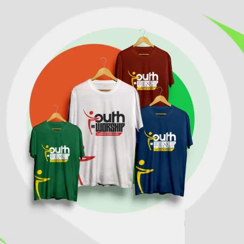 Youth Worship custom t-shirts in green, white, blue, and maroon with logo design