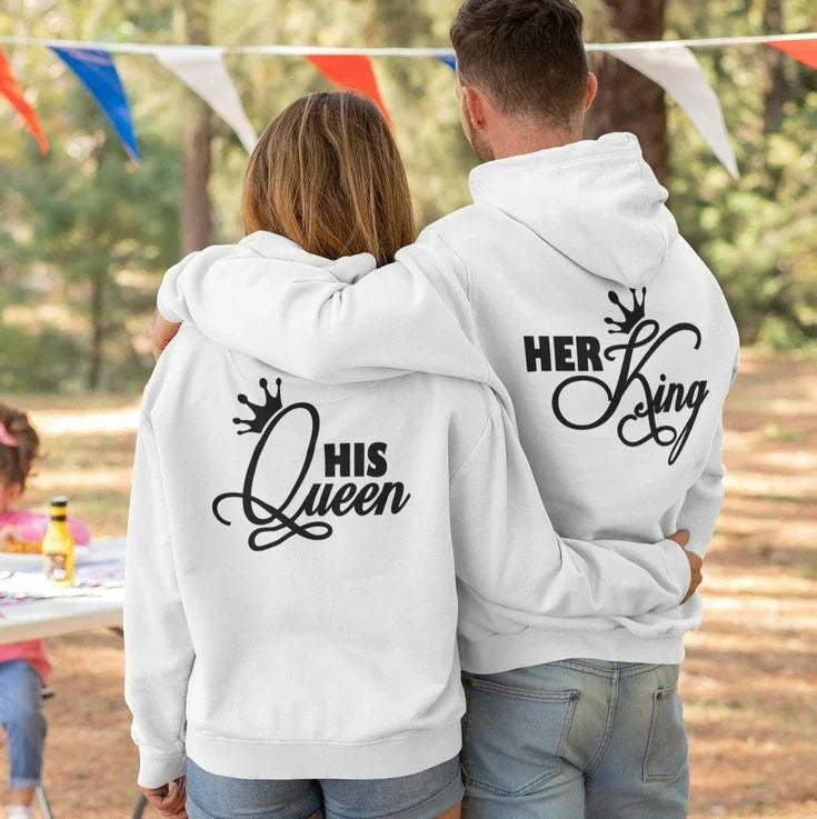 His Queen Her King matching hoodies for couples, perfect for romantic gifts or anniversary presents.