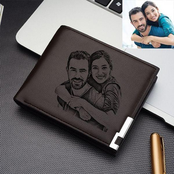 Customized leather wallet with engraved couple photo, perfect personalized gift for Nikah or special occasions.