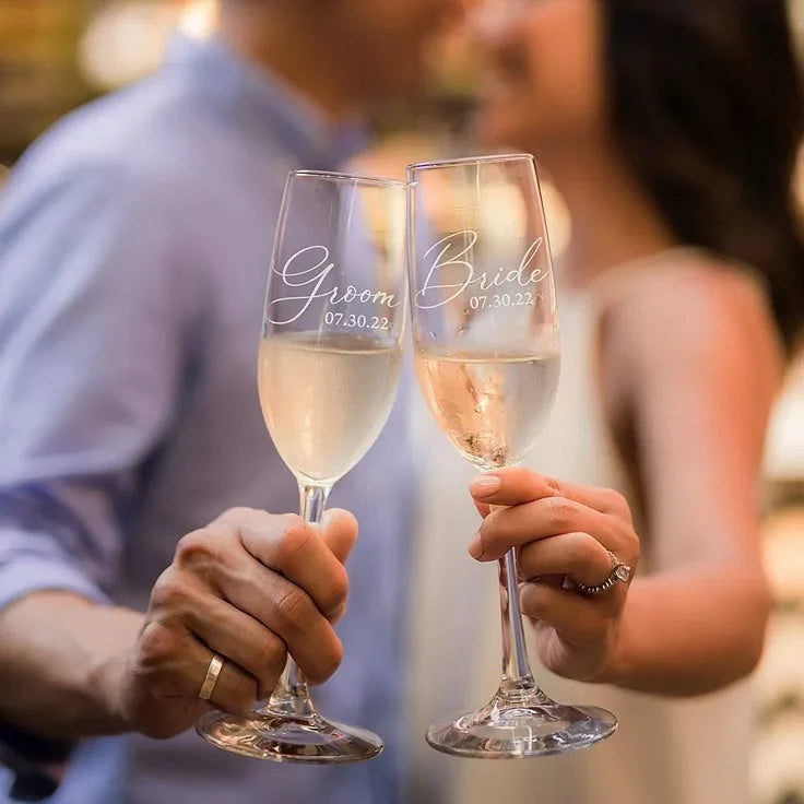 Customized Groom and Bride champagne glasses with wedding date, perfect for Nikah or wedding gifts