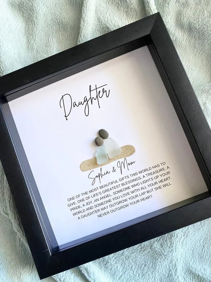 Personalized daughter gift frame with sea glass art, custom names, and heartfelt message for mom, perfect for birthdays or Mother's Day.