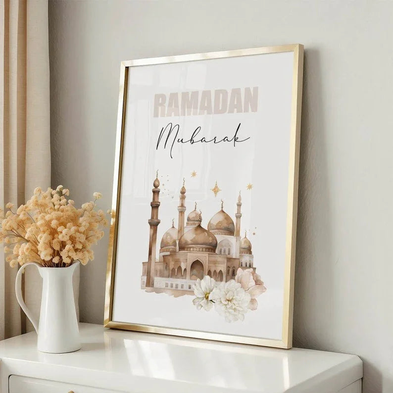 Ramadan Mubarak poster with mosque art, gold frame, and floral decor for festive home decoration