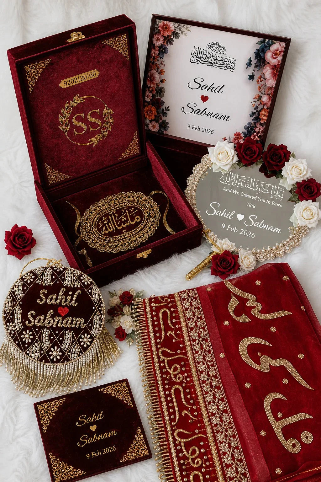 Customized Nikah gift set with velvet box, floral frame, mirror & prayer mat for Sahil Sabnam, Feb 2026