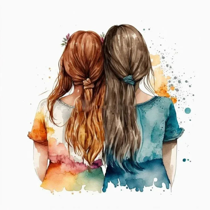 Watercolor art of two girls with long hair, perfect for custom photo frames and gift baskets