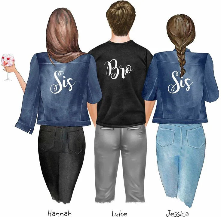 Custom 'Sis' and 'Bro' matching jackets for siblings, personalized with names Hannah, Luke, Jessica