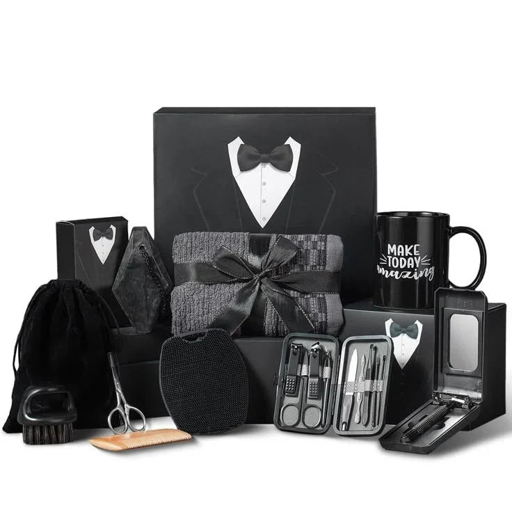Luxury men's grooming gift set with tuxedo box, mug, manicure tools, brush, comb, and towel — perfect customized gift