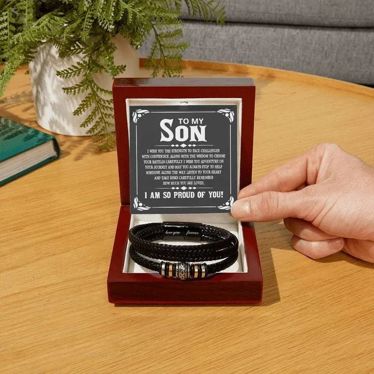 Customized 'To My Son' gift box with engraved bracelet and heartfelt message, perfect for special occasions.