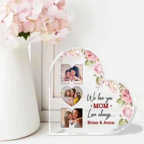 Heart-shaped photo frame with floral design, personalized 'We love you MOM' message, and family photos