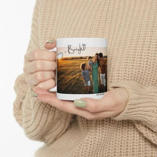 Custom photo mug with family picture and 'Joy + Bright' text, perfect personalized gift