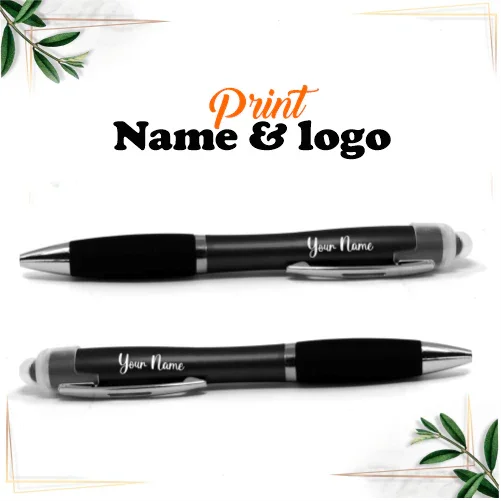 Custom black pen with name and logo print, personalized gift idea