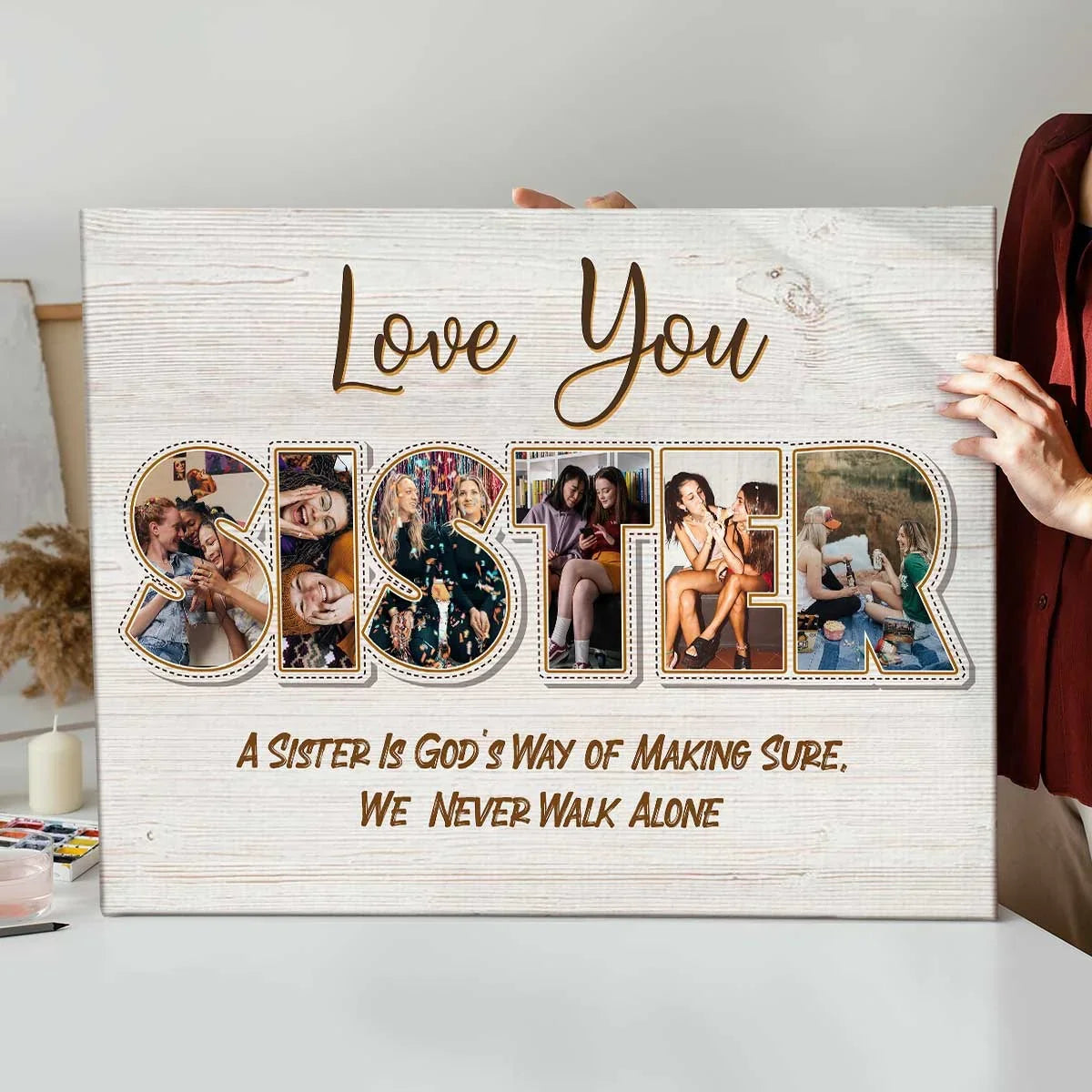 Personalized 'Love You Sister' photo frame with custom images and heartfelt quote, perfect gift for sisters.
