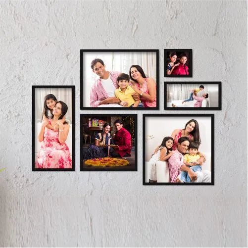 Custom photo frames displaying family memories on textured wall, perfect for personalized gifts
