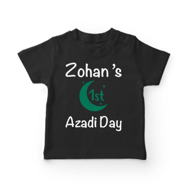  Black kids t-shirt with custom name and Azadi Day design for 14 August