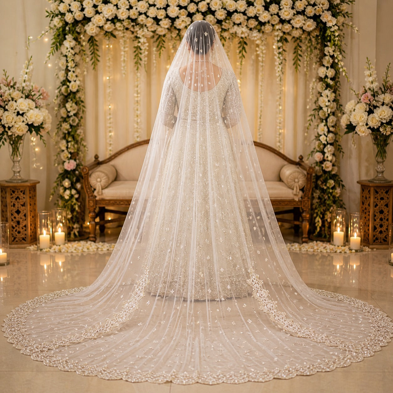 Nikkah Dupatta with Veil – White Nikkah Dress with Red Dupatta | Customized Bridal Name Dupatta