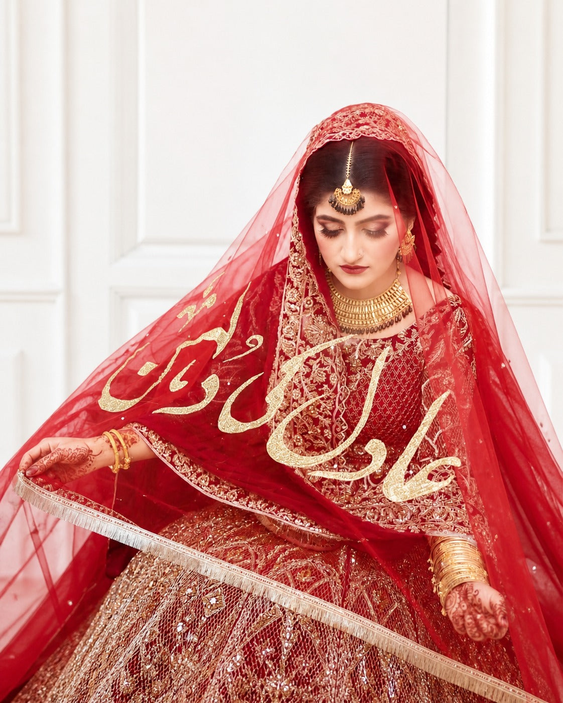Customized Nikkah Dupatta with Name – White Nikkah Dress with Red Dupatta | Bridal Dupatta Style & Setting