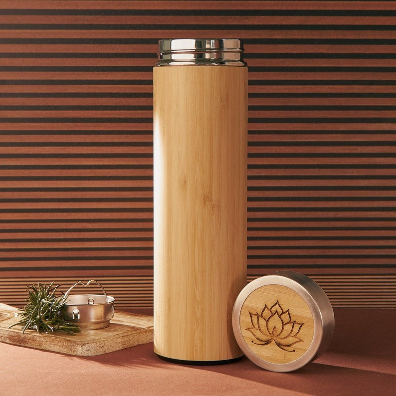 Bamboo Stainless Steel Tumbler with Lotus Engraving and Tea Infuser, Set on Wooden Tray