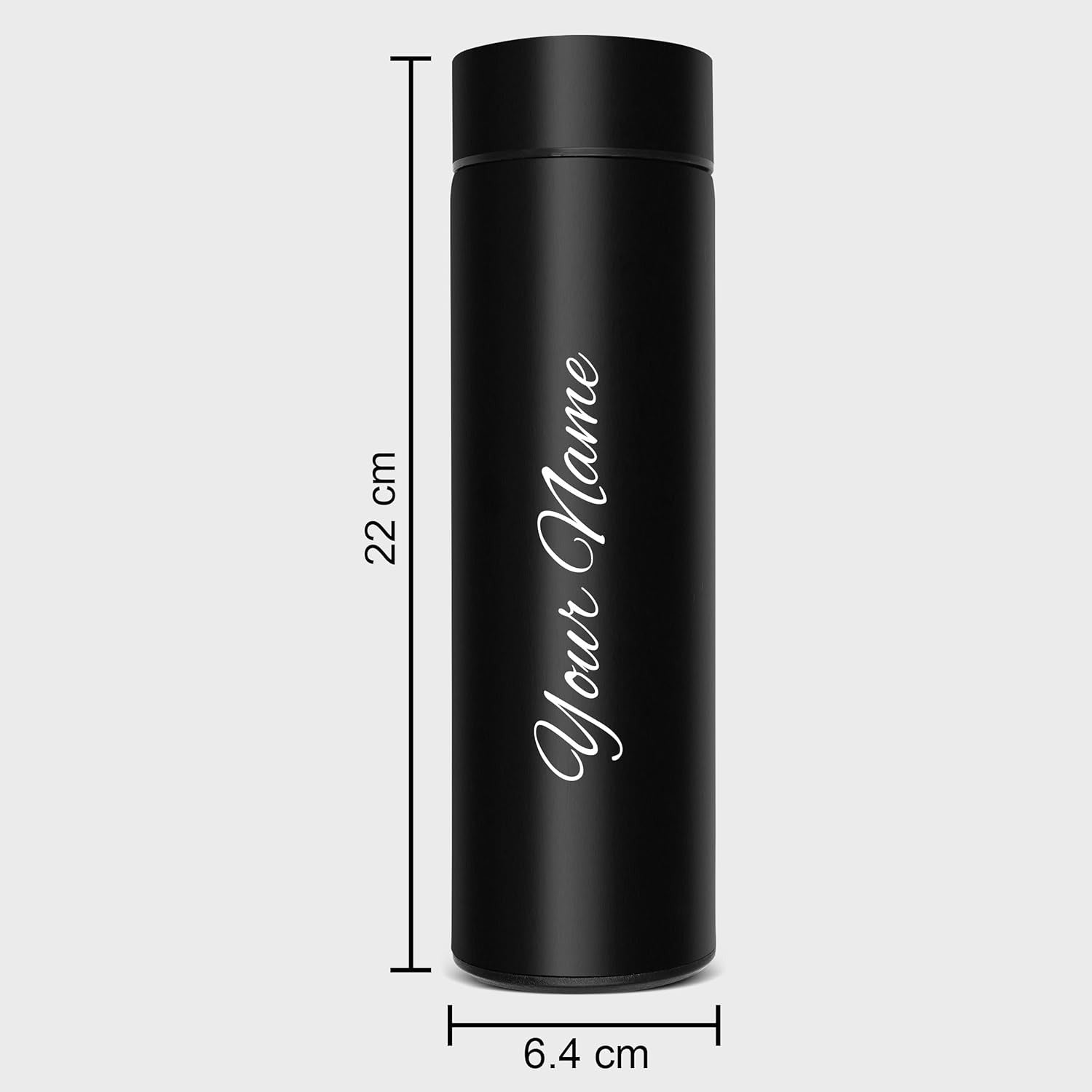 Black stainless steel bottle with "Your Name" engraved in cursive, measuring 22 cm in height and 6.4 cm in diameter.