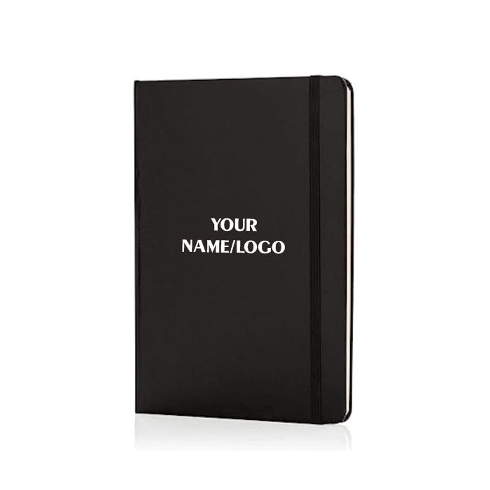 Black hardcover notebook with a customizable logo space.
