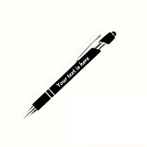 Black stylus pen with customizable text, metal frame, and smooth