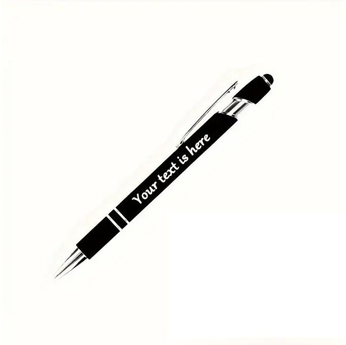 Black stylus pen with customizable text, metal frame, and smooth