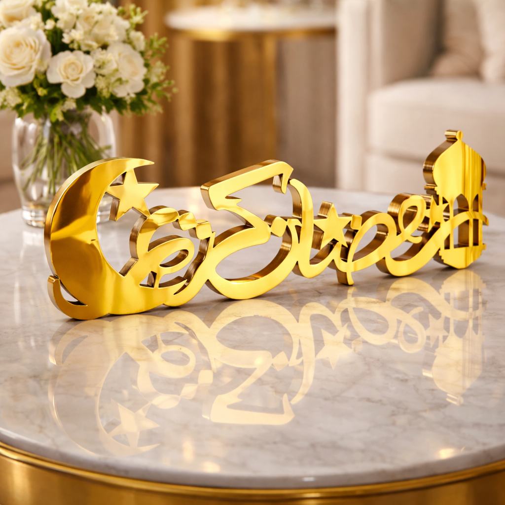 Ramadan Kareem Arabic Calligraphy Table Decor – Gold Wooden & Silver Acrylic Islamic Gift