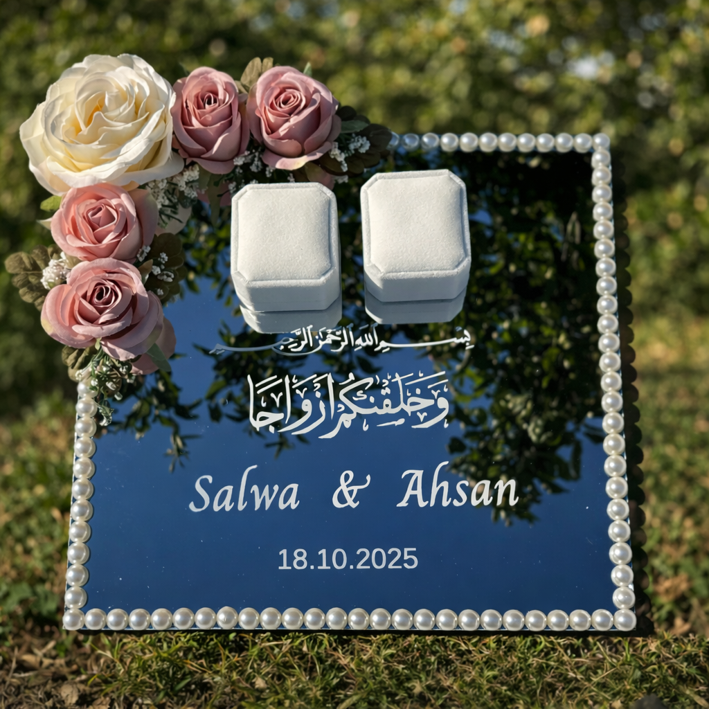 Nikkah Ring Tray – Elegant Mirrored Wedding Engagement Plate | Pearl Border Ring Tray