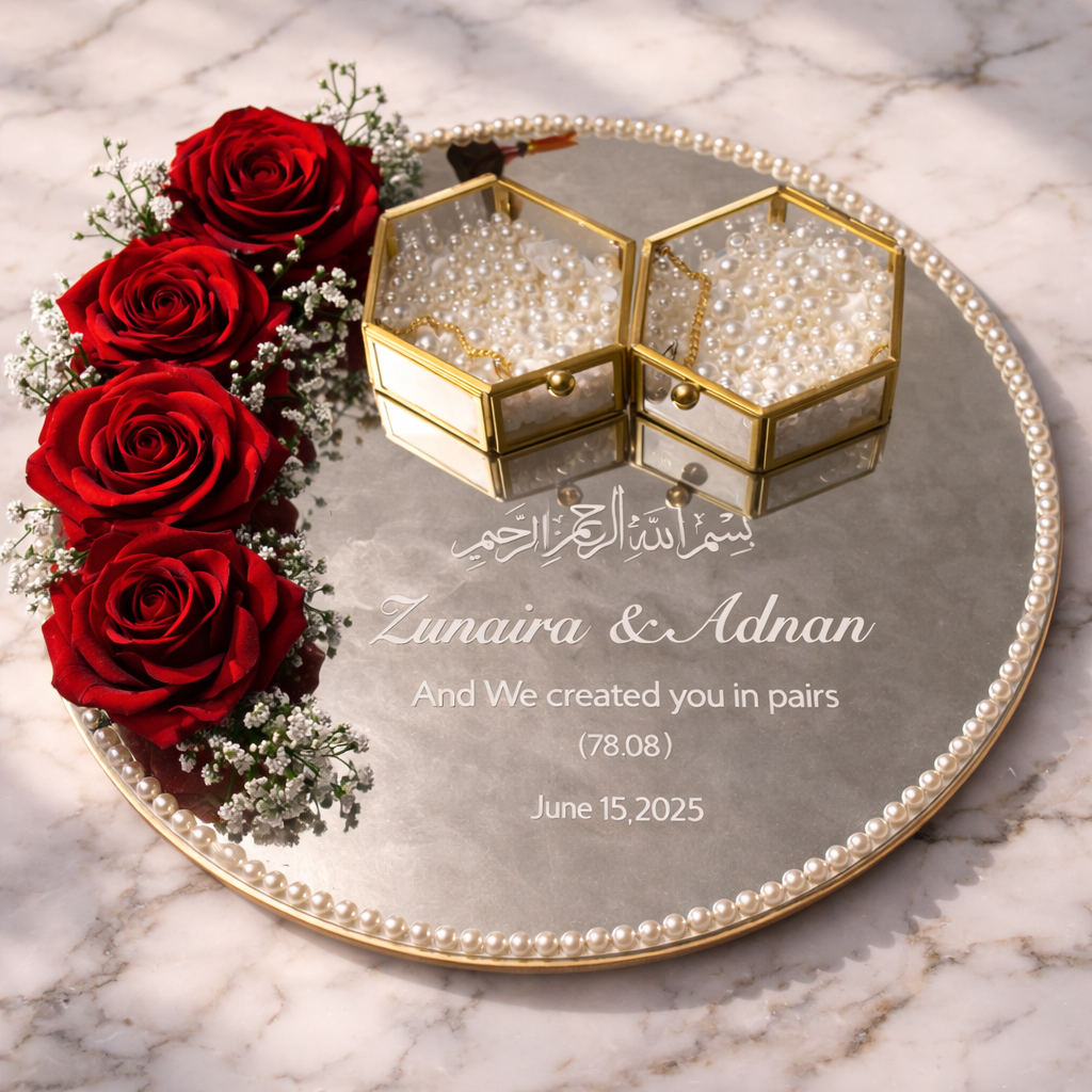 Nikkah Ring Tray – Personalized Mirror Wedding Ring Tray with Pearl Border & Floral Design | Luxury Engagement Ring Tray Pakistan | Gift Studio
