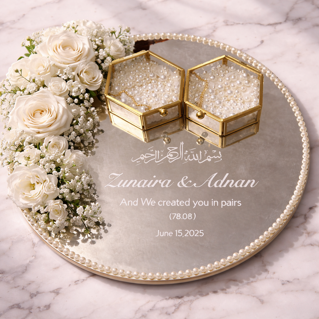 Nikkah Ring Tray – Personalized Mirror Wedding Ring Tray with Pearl Border & Floral Design | Luxury Engagement Ring Tray Pakistan | Gift Studio