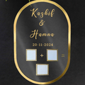 Customized acrylic Nikkah thumb board with "Kashif & Hamna" and "20-11-2024," featuring gold borders and thumbprint spaces, displayed with green leaves in the background

Subject Image SEO