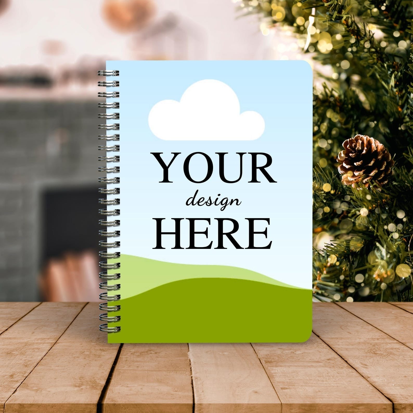 Customized notebook featuring a vibrant design template, ideal for school, work, or journaling, set against a holiday-themed background.