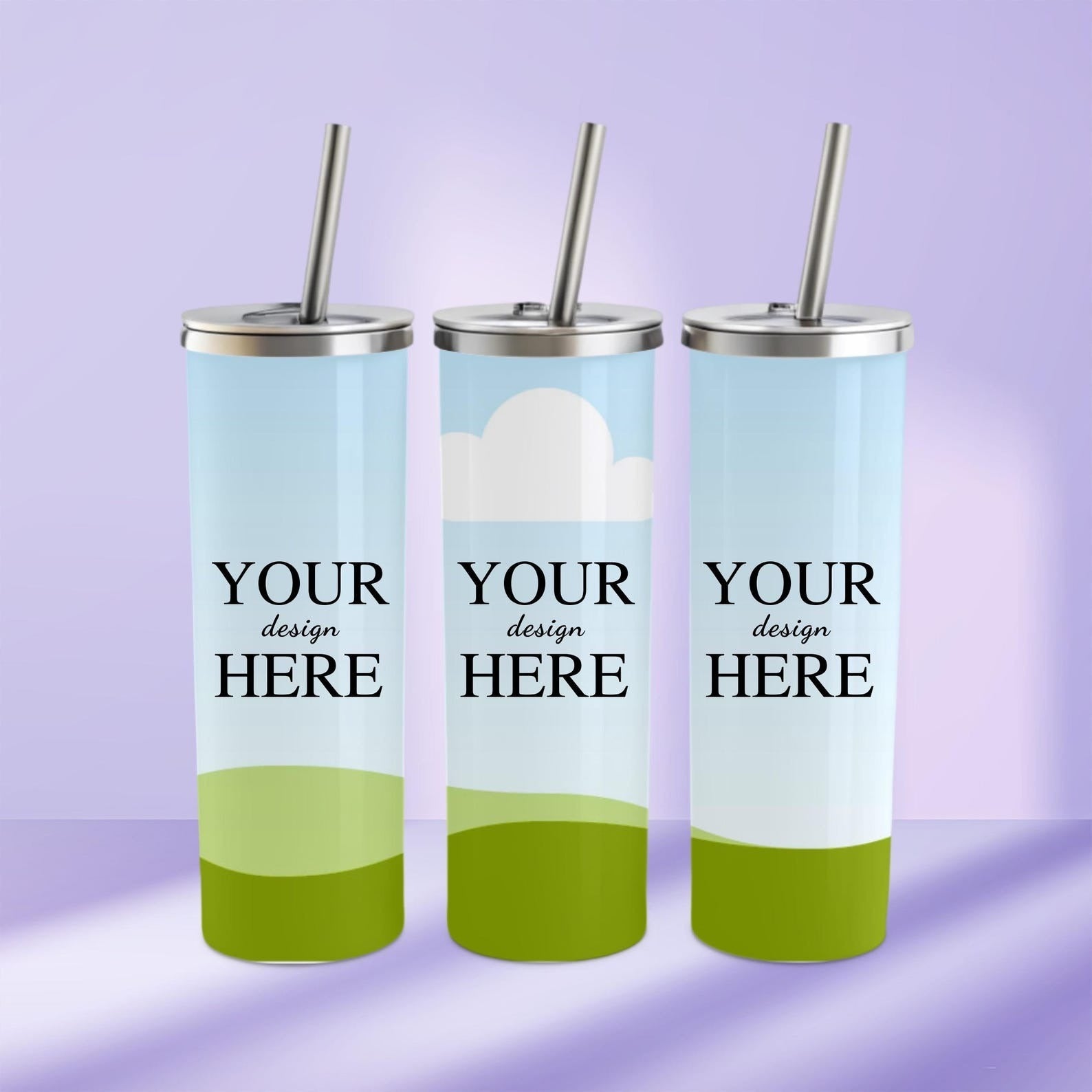 Personalized stainless steel tumblers with placeholder text 'Your Design Here,' set against a minimalistic purple backdrop.