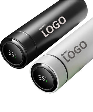 Customizable stainless steel travel mug with a digital temperature readout in black and white.