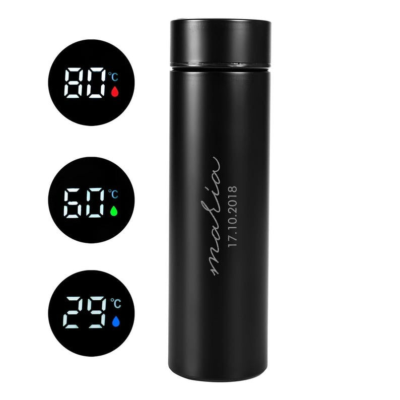 Custom smart thermos with digital temperature display, personalized with a name and date, showcasing the sleek black design.