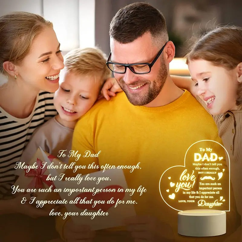 LED night light for Dad featuring a heartfelt engraved message, made of durable acrylic material with a glowing warm light. Perfect as a gift from daughter or son for Father’s Day, birthdays, retirement, Christmas, or any special occasion. USB-powered and eco-friendly design.