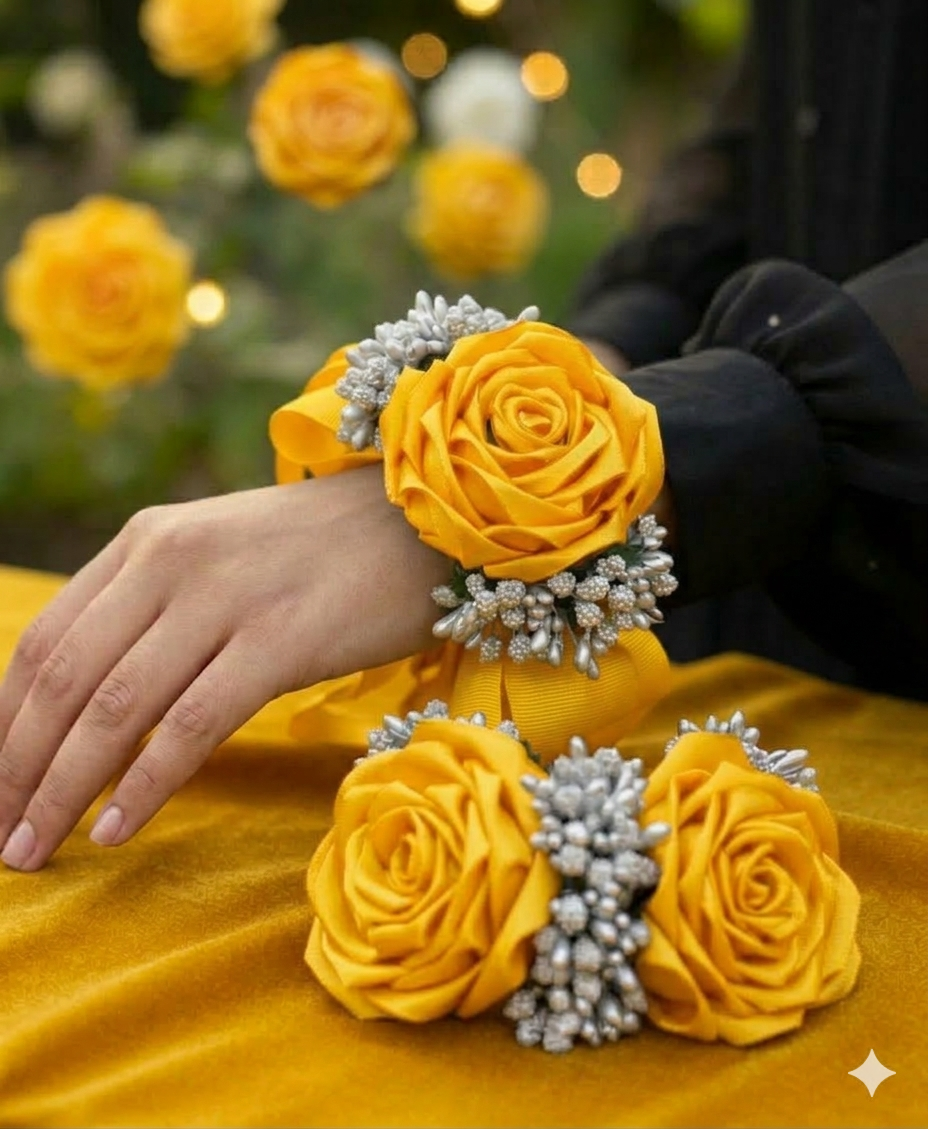 Mayon Flower Jewelry Gajra Bracelet Set | Mehndi Haldi Floral Wrist Jewelry | Ribbon Flower Gajra | Bridal Flower Jewelry