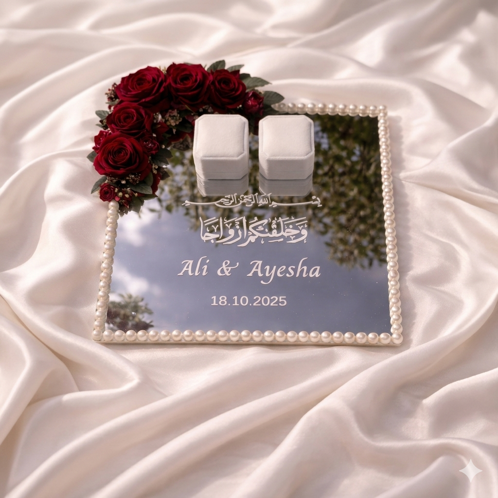 Nikkah Ring Tray – Elegant Mirrored Wedding Engagement Plate | Pearl Border Ring Tray