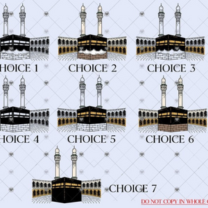  A selection of Kaaba illustrations labeled as choices 1-7, showcasing different artistic representations of the sacred site.
