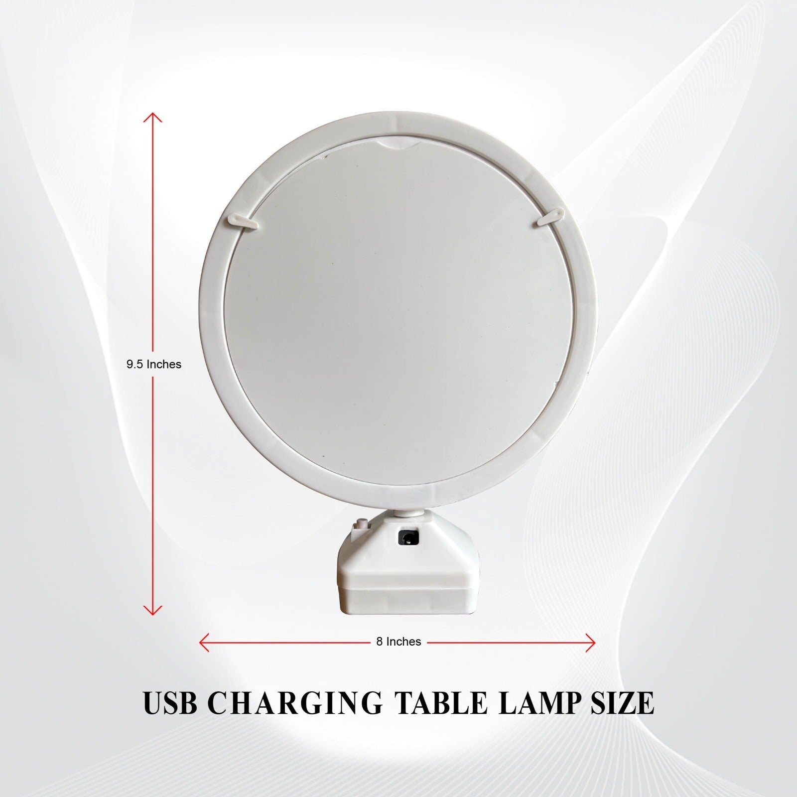 LED magic mirror photo frame with dimensions 9.5 inches height and 8 inches width, labeled as USB charging table lamp size