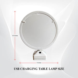 LED magic mirror photo frame with dimensions 9.5 inches height and 8 inches width, labeled as USB charging table lamp size