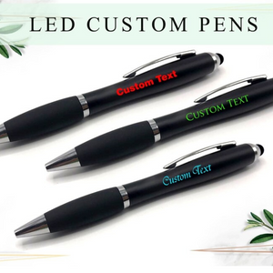  Three LED custom pens with different colored text ("Custom Text") engraved on the barrel.