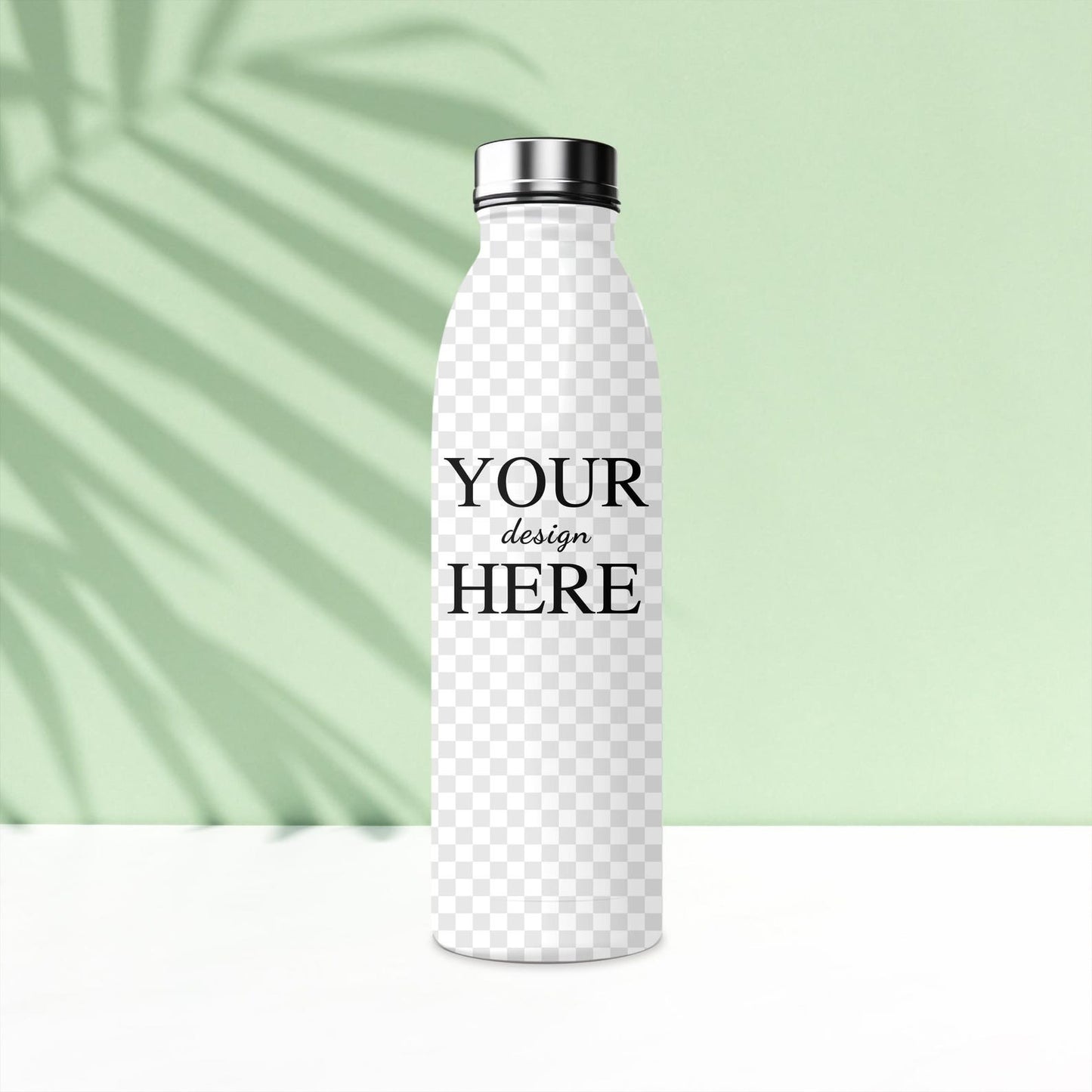 White stainless steel custom water bottle with placeholder text, showcasing design personalization potential