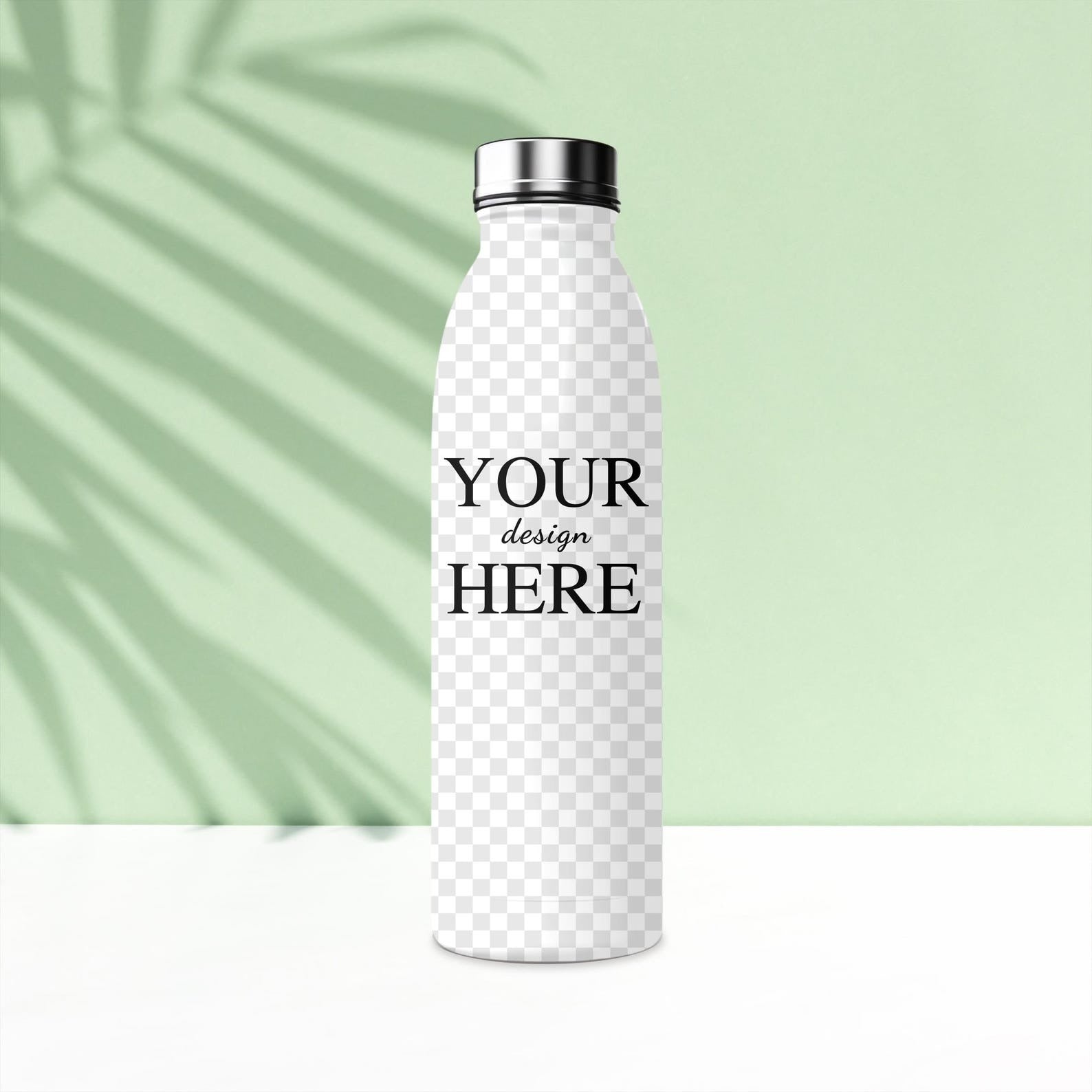 White stainless steel custom water bottle with placeholder text, showcasing design personalization potential