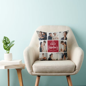 Personalized Photo Collage Valentine's Cushion featuring a grid of couple photos with 'OUR FIRST Valentine's Zara & Finlay 202x' text, placed on a beige armchair beside a side table with a green plant in a white vase.