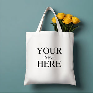 Reusable white tote bag with customizable text for personal or corporate gifting."