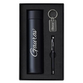  Personalized 3-in-1 executive gift set with stainless steel thermal bottle, metal keychain, and pen.