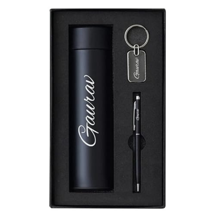  Personalized 3-in-1 executive gift set with stainless steel thermal bottle, metal keychain, and pen.