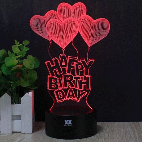  Personalized 3D Illusion LED Lamp for Birthday with heart balloons and "Happy Birthday" text, custom gift from Gift Studio Pakistan