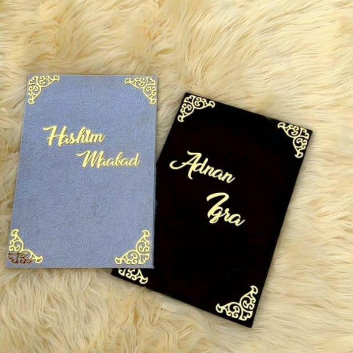 A luxurious Personalized A4 Nikah Certificate Book in black and white, featuring gold calligraphy and ornate corner designs, perfect for Islamic wedding ceremonies.